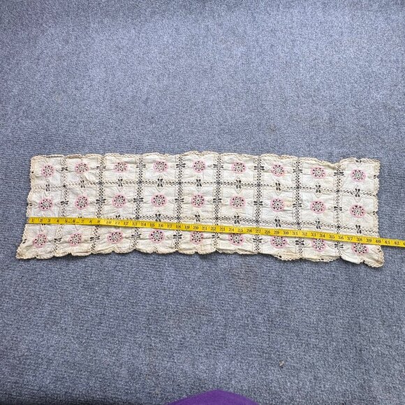VTG Hand-Crocheted Lace‎ Table Runner With Pink Floral Accents 12" X 40" Boho - Picture 9 of 12